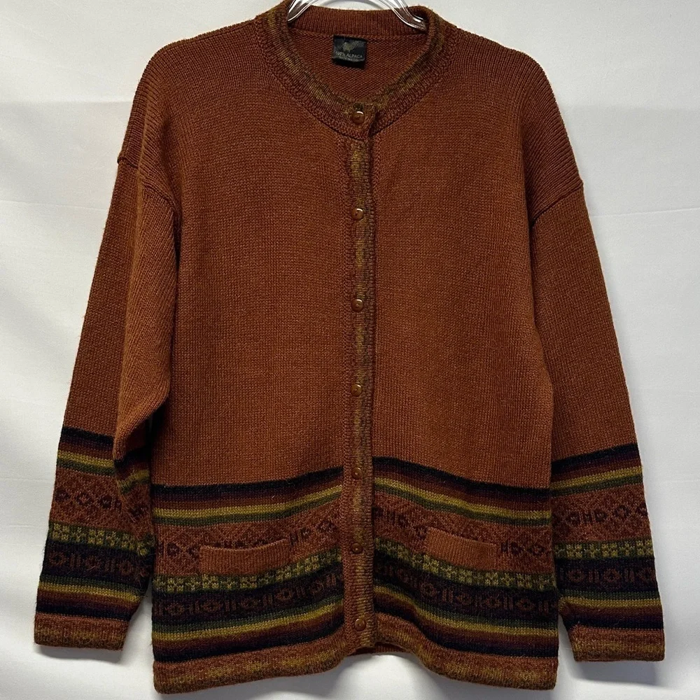 Vintage Arte Inka-Berfass 100% Alpaca Brown Yellow Aztec Geo Cardigan Sweater L - Picture 2 of 4